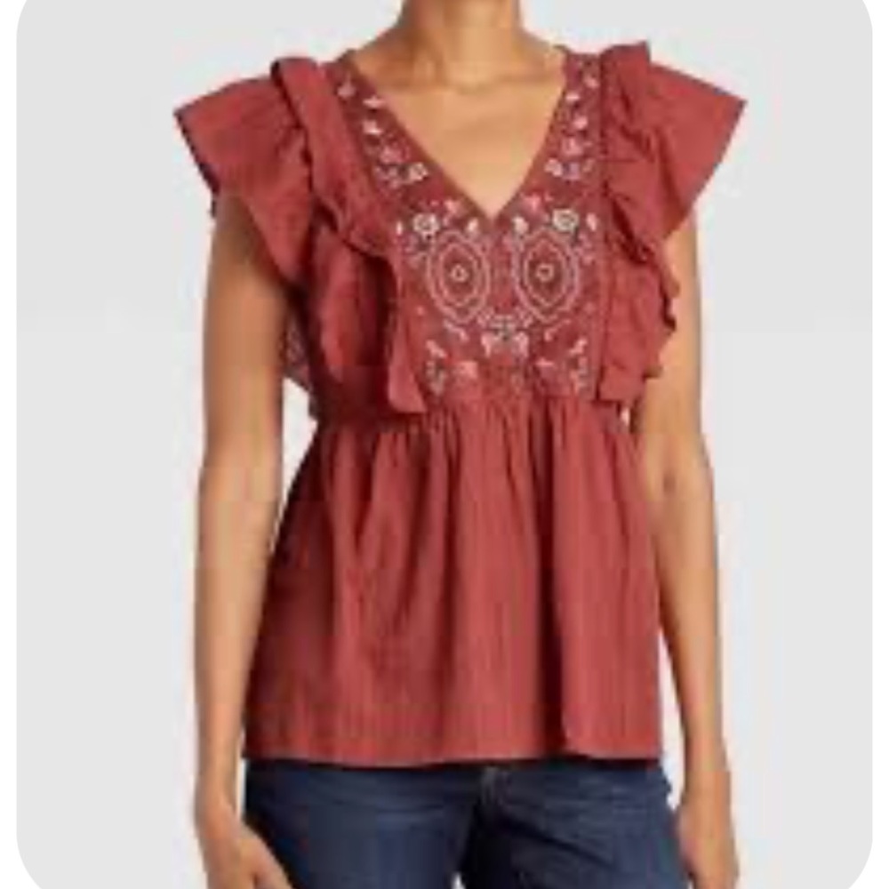 Knox Rose Womens Red Floral Ruffle Embroidered Blouse